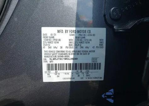 2021 Lincoln Aviator Reserve z USA, uszkodzony, nr VIN 5LM5J7XC1MGL09249